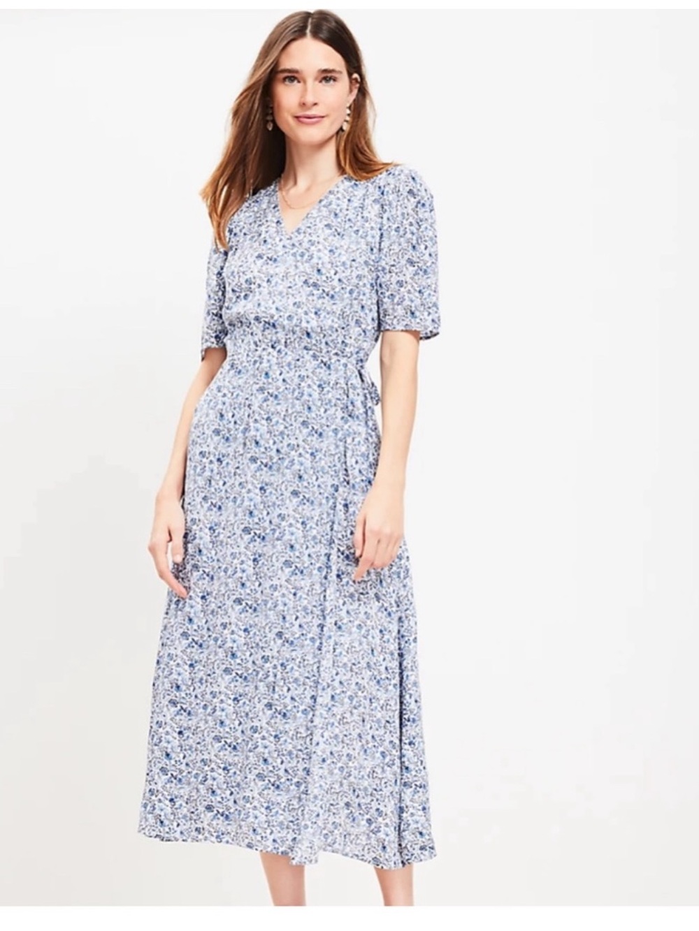 LOFT Light Blue Floral Midi Dress